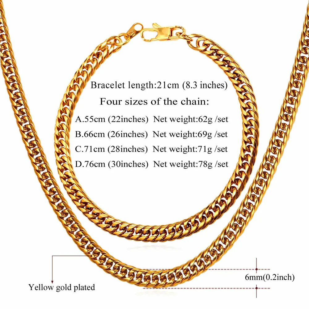 U7 Позолоченный Панцирь Цепь Ожерелье и Браслет Ювелирные Наборы Щирина 6mm Хип Хоп