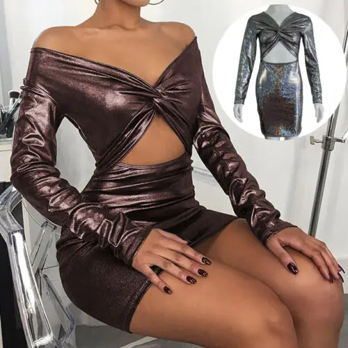 Женское мини-платье с длинным рукавом бронзовое облегающее Клубное платье