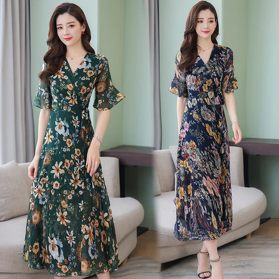 2019 Цветочные шифоновые облегающие летние миди платья Boho винтажные 3XL плюс размер