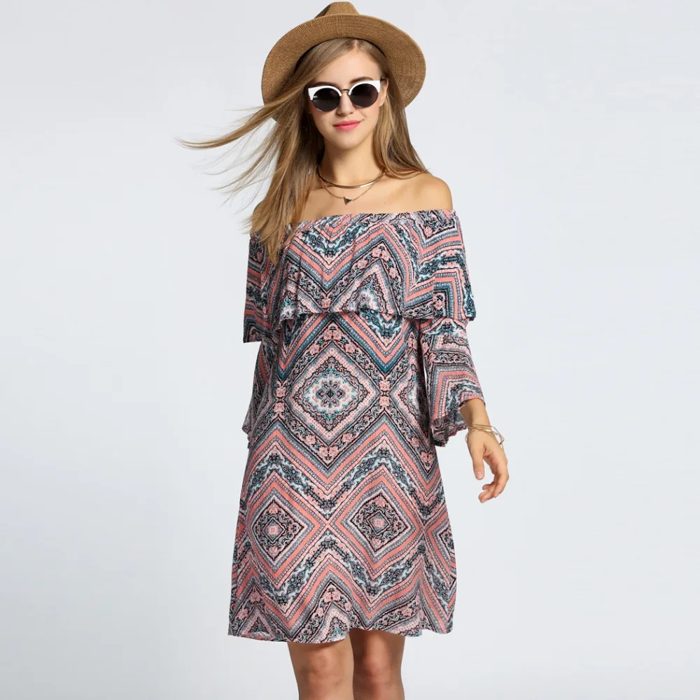 Богемный Стиль женская С Плеча Flare Рукавом Оборками Печати Casual Dress|casual dress|dress