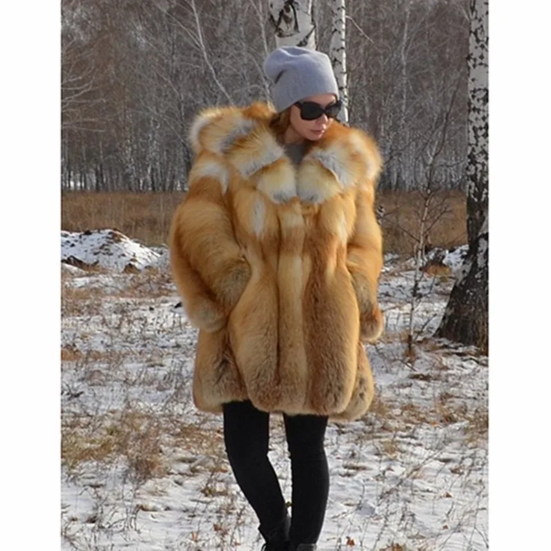 TOPFUR Роскошная модная шуба из натурального Лисьего меха женская куртка из натурального меха Золотой лисы с капюшоном Толстая настоящая русская Шуба в полоску