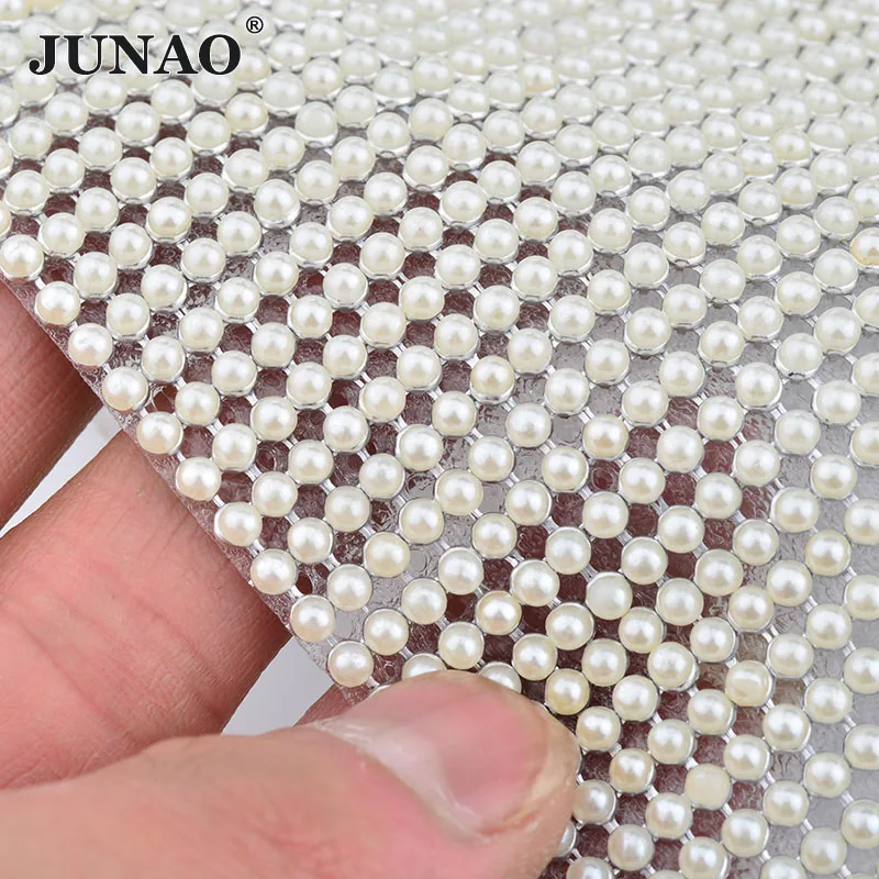 JUNAO 45x120 см белый жемчуг сетка горячая фиксация стразы отделка ткань кристалл лист