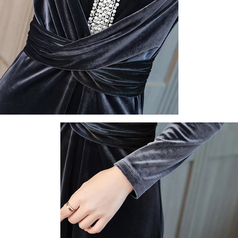 

Autumn Velvet Women Dresses 2019 New Fashion Slim O-Neck Beaded Pleated A-Line Dresses Fashion Long Sleeve Long Dresses LJ2418