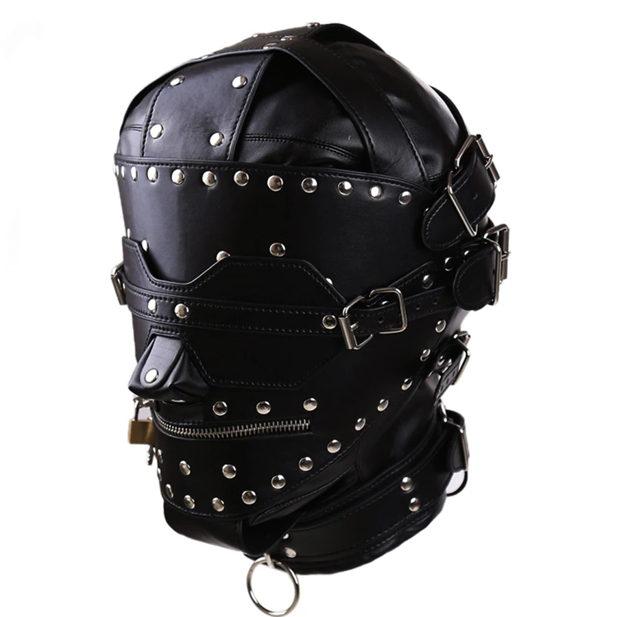 Маска Фетиш головные уборы кожа БДСМ бондаж полностью закрытая молния дышащая