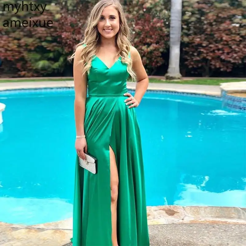 

Зеленое платье для выпускного вечера с v-образным вырезом без рукавов с разрезом спереди Vestido De Fiesta Graduacion без спинки 2019 плюс размер