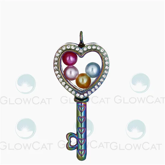 C1289 heart key Радужные плавающие Стразы с памятью, медальон, подвеска, 8 мм, жемчужная клетка, фото, подвески, подвеска со стальной цепочкой, ожерелье или нет - Окраска металла: C1289 heart key