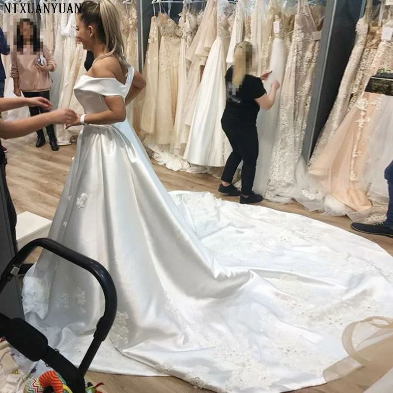 Luxury Sexy Lace Off The Shoulder Satin Wedding Dresses A-line Gown Short Sleeve Robe De Mariage 2021 Vestido Noiva | Свадьбы и
