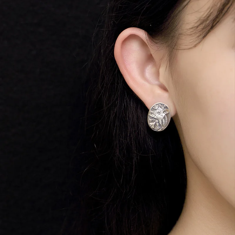 S925 Pure Anemone Lotus Leaf Matt Color Retro Simple High-grade Silver Ear Nails Wholesale | Украшения и аксессуары