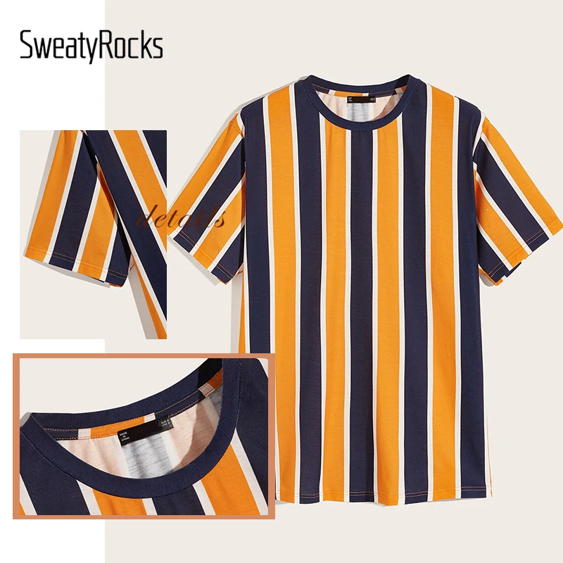 SweatyRocks, мужская полосатая футболка с круглым вырезом, уличная одежда, мужские футболки s, модные, летние повседневные мужские футболки и топы