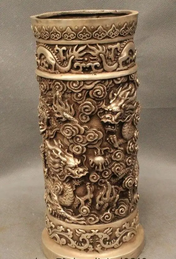 11&quot Chinese Dynasty Silver Successful Nine Dragon Play Bead Brush Pot pencil vas | Дом и сад