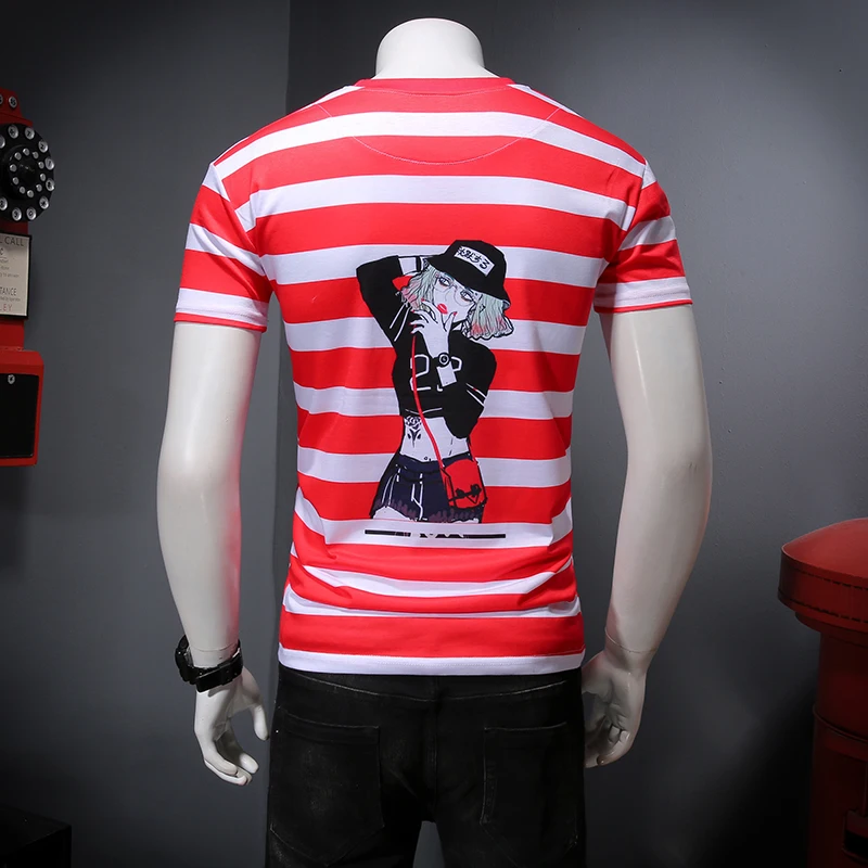 

R8918 Lovely girl blue striped print streetwear short sleeve t shirt Summer 2019 high-quality soft comfortable t shirt men M-4XL