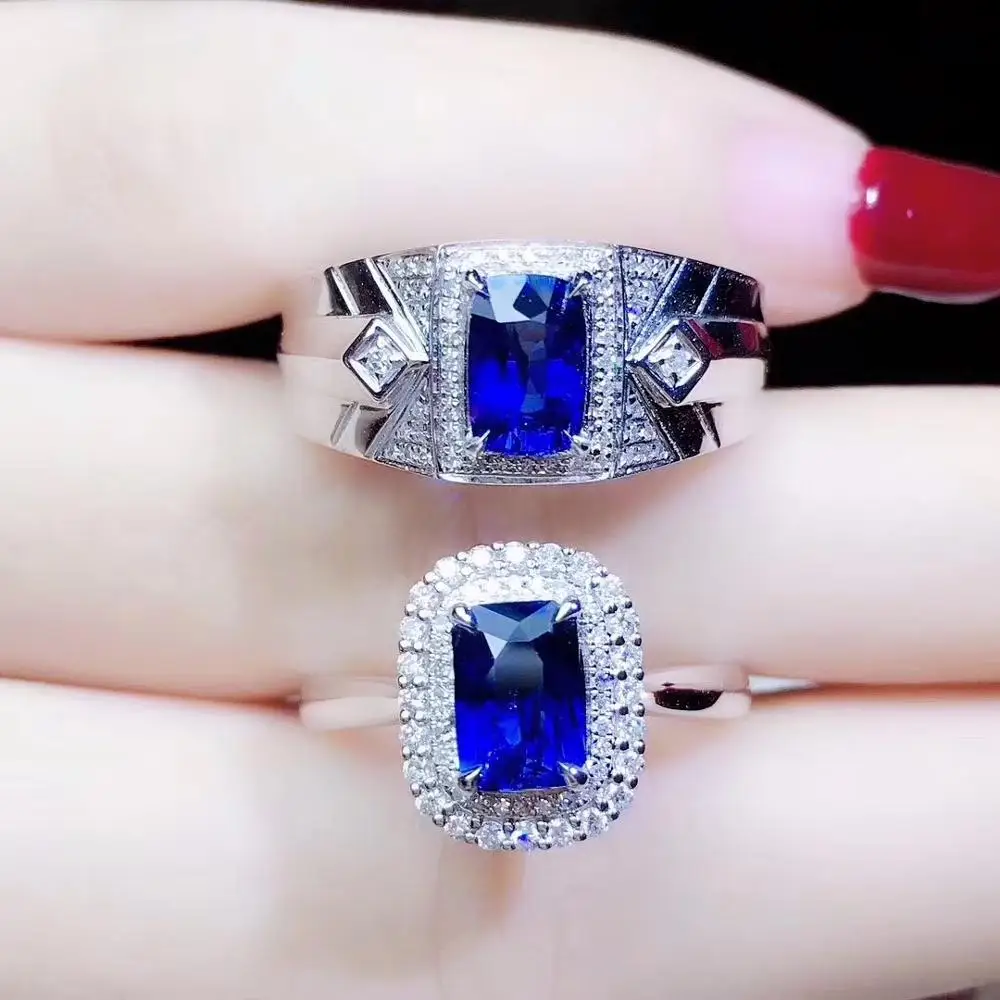 Парное кольцо Naural blue сапфировое из драгоценных камней с серебром 925 пробы по