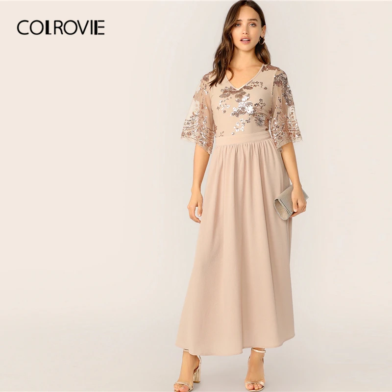 COLROVIE Apricot V Neck Contrast Sequin Mesh Sleeve Flare Party Long Dress Women Summer High Waist Office Ladies Dresses