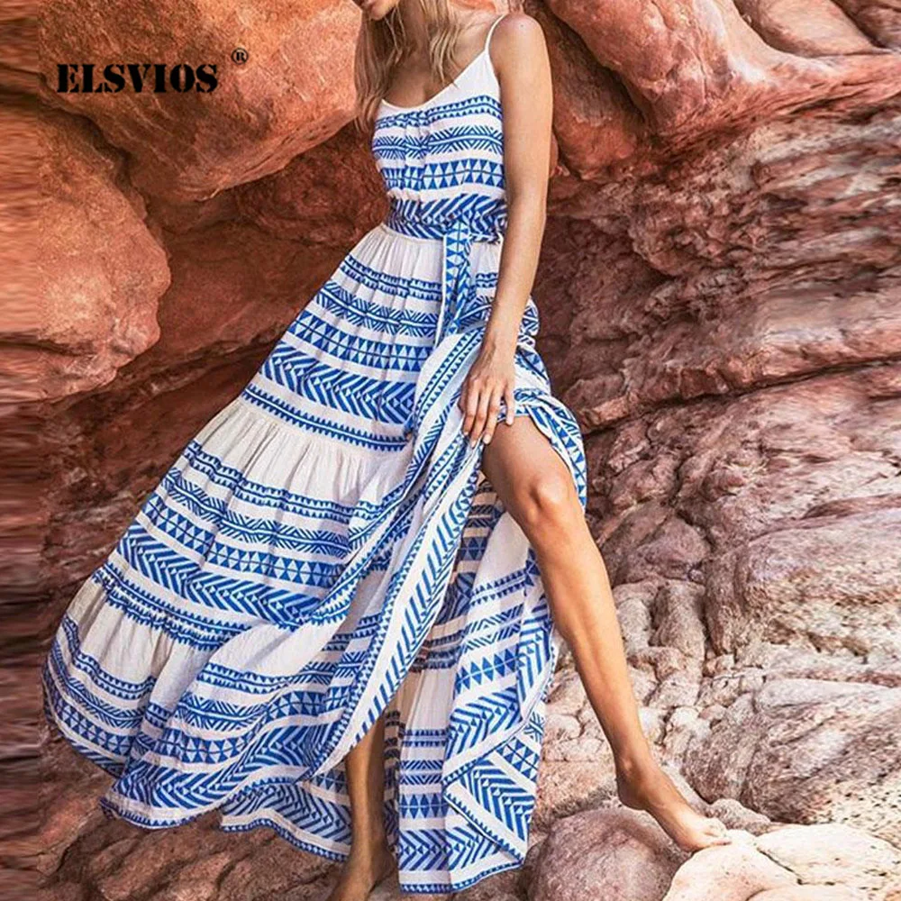 Женское длинное платье ELSVIOS летнее пляжное с поясом открытой спиной и принтом |