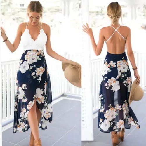 2018 New Fashion Hot Popular Summer Women Boho Holiday Strappy Floral Maxi Beach Sundress Party Long Asymmetrical Dress US | Женская