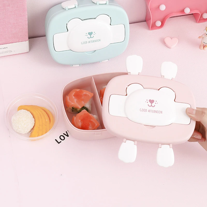 Детские Мультяшные милые коробки Bento, двухслойный пластиковый Ланч-бокс, контейнер для хранения еды, микроволновая печь для детей и школьников