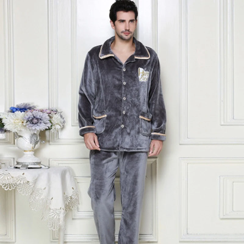 Autumn Winter Keep Warm Thick Coral Fleece Men Pajamas Sets of Sleep Tops & Bottoms Flannel Sleepwear Thermal Nightclothes