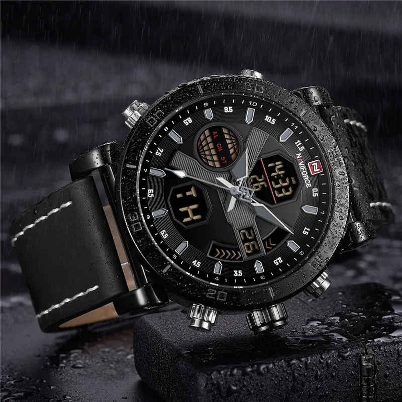 NAVIFORCE Роскошные Брендовые мужские Аналоговые Цифровые кожаные спортивные часы