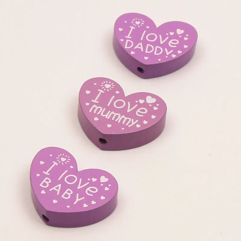Purple DIY 10 шт.(I Love BABY/mummy/DADDY) бусины из натурального дерева в форме сердца для детей, ювелирные изделия, пустышка, зажим 23x29 мм - Цвет: Purple