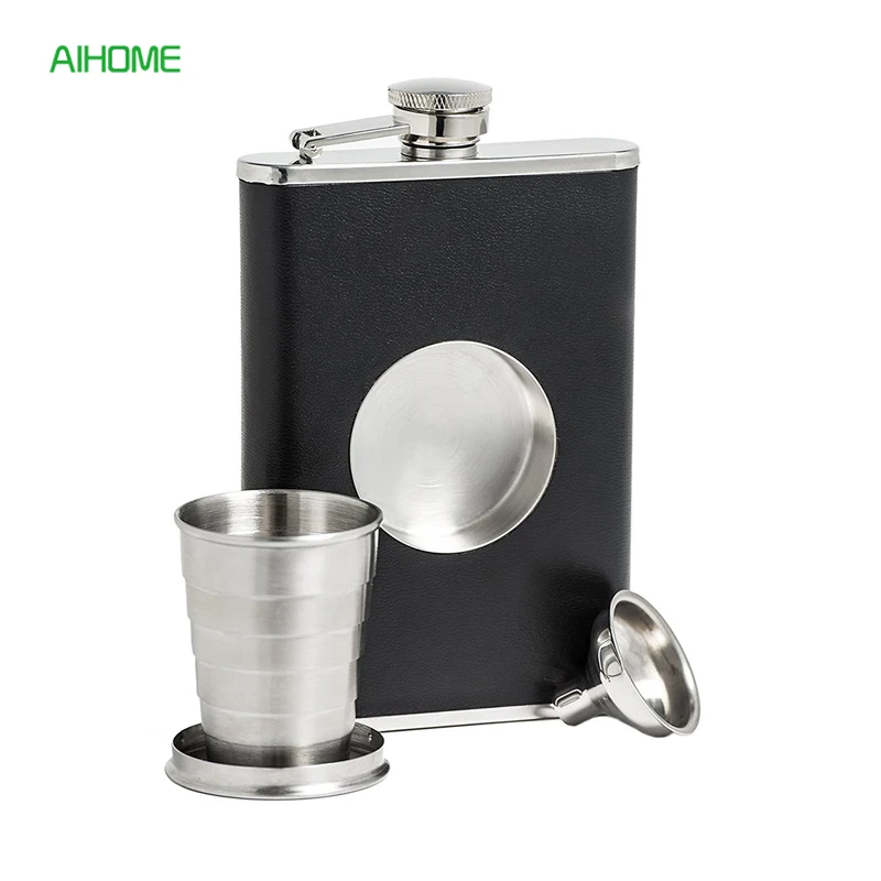 8 унций черный кожаный металлический хип набор фляг с воронкой для вина и