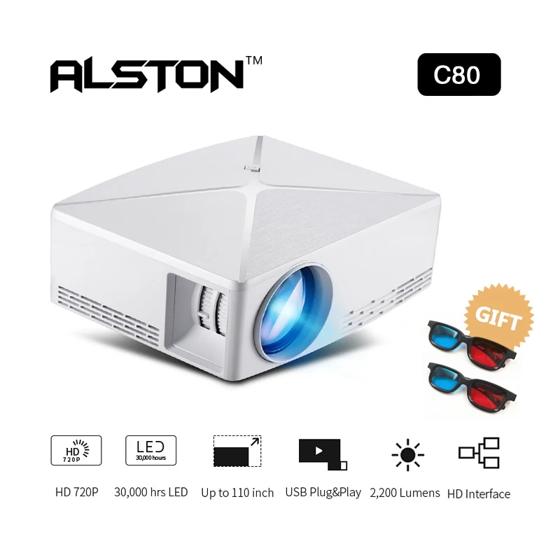 ALSTON минипроектор HD C80 1280x720 Видео Android bluetooth проектор (опционально UP. 6 Beamer wifi