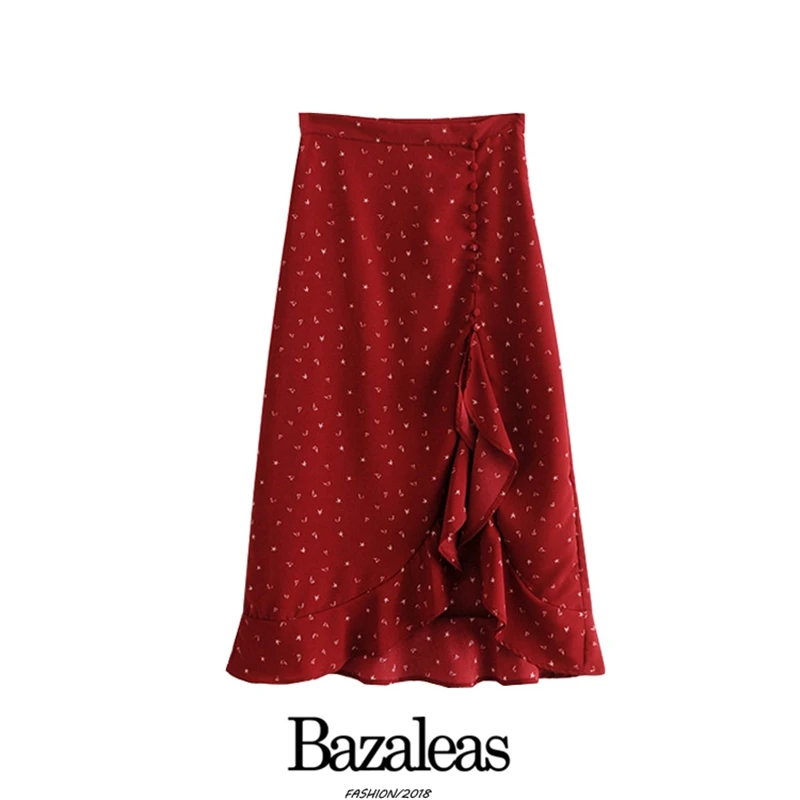 Bazaleas, винно-красные летние юбки, шифоновая юбка миди с пуговицами сбоку, с завязками, с оборками, Открытые юбки, модные винтажные праздничные юбки, повседневные