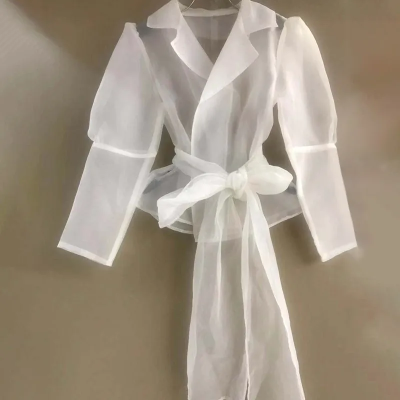 white TWOTWINSTYLE, перспективный укороченный Топ для женщин, с отворотом, с длинным рукавом, повязки, женские рубашки, блузка, корейская мода, элегантные, весна, новинка - Цвет: white