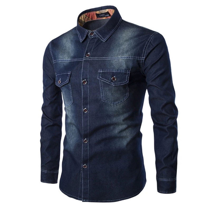 Рубашка мужская однотонная из денима брендовая сорочка с длинным рукавом