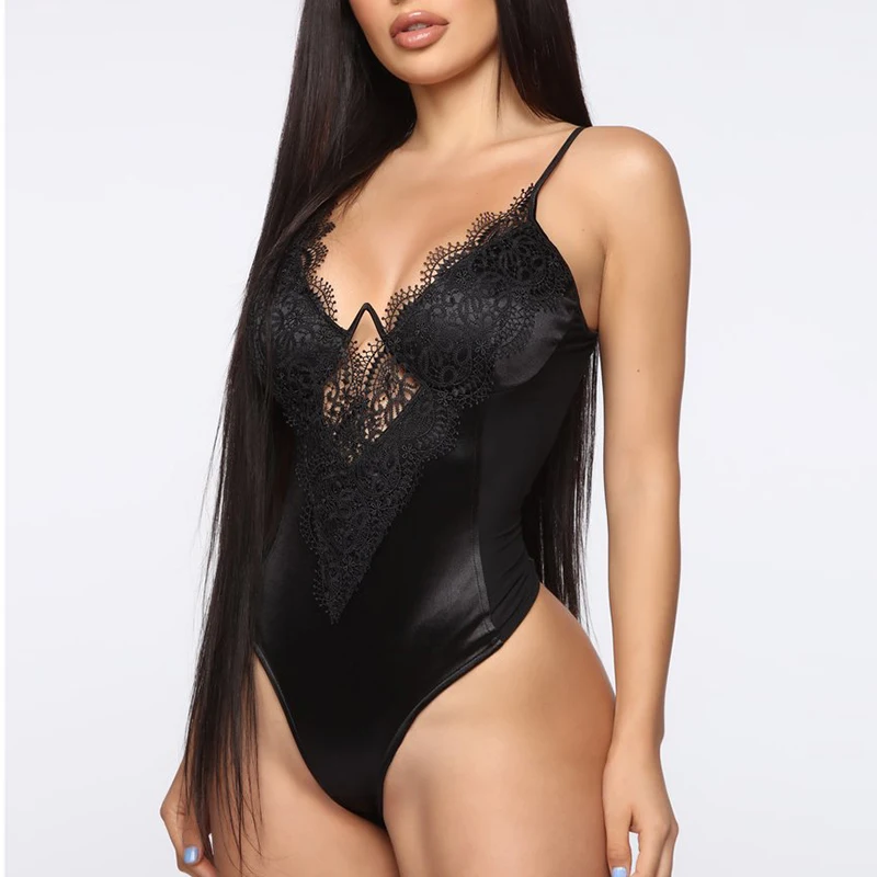 Parthea Black Lace Bodysuit Women Sexy Hollow Out Mesh Stitching Elastic Slim Jumpsuit Summer V-neck See Through Body Mujer 2019 | Женская