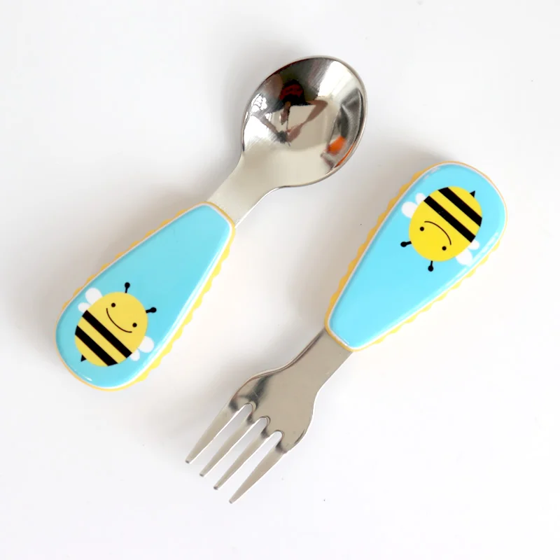Bee Kids Spoon Children Stainless Steel Fork Case Portable Safety Baby Feeding Utensils Training Dinnerware 2pcs/ Set - Цвет: Bee