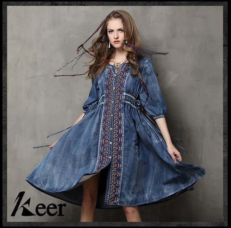 Винтажное джинсовое платье в испанском стиле с рукавом три четверти и круглым