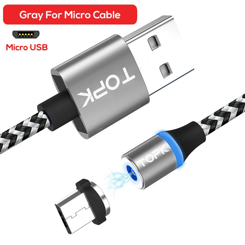 TOPK R-Line3 Магнитный кабель Micro USB, нейлоновый плетеный кабель для мобильного телефона, светодиодный кабель для зарядки Micro USB - Цвет: 1 Gray Cable 1 tip