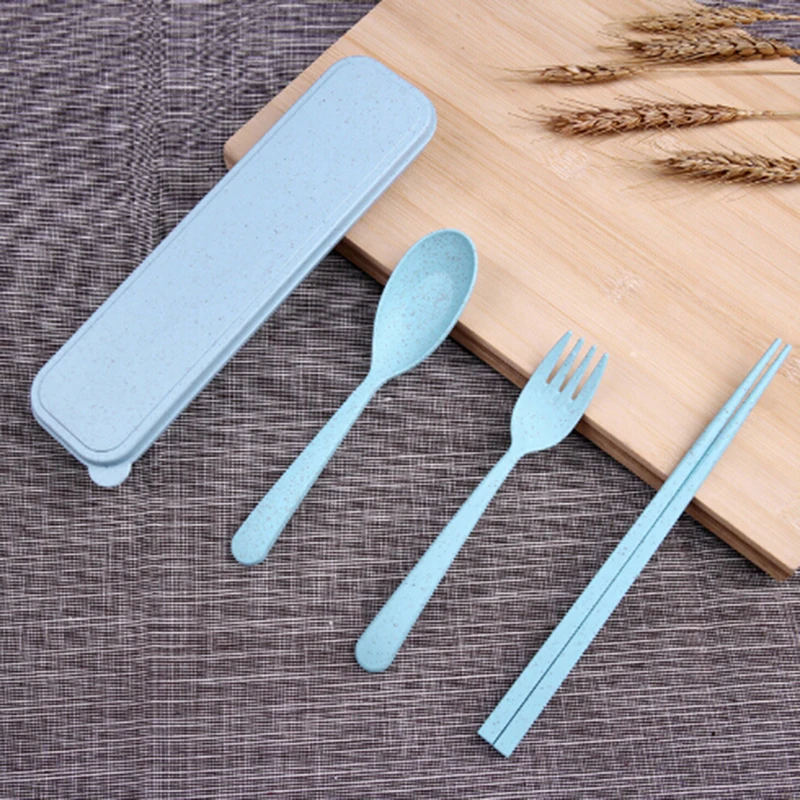 

1 Set With a Box Portable Wheat Straw Students Camping Picnic Travel Chop sticks Teaspoon Forks Dinnerware Tableware Set