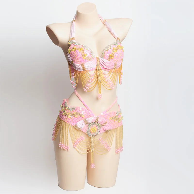 Pink Горячая Распродажа, женский комплект для танца живота, костюм для танца живота, одежда, сексуальная ночная одежда для танца живота, карнавальные топы, цепочка, бюстгальтер, пояс, WY7111 - Цвет: Pink