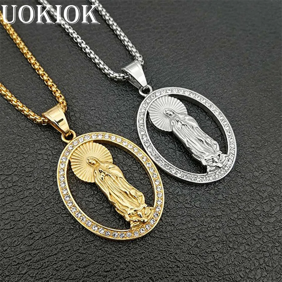 Хип-хоп Iced Out Bling Virgin Подвески &quotДева Мария&quot Золотая цепочка из нержавеющей