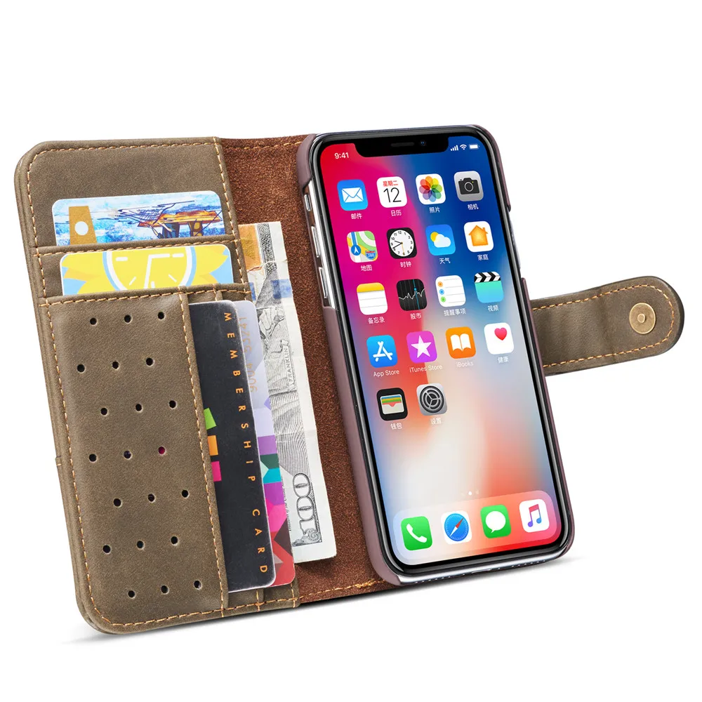 

Genuine Leather Wallet Case For Apple iPhone X XR XS Max Wallet Cover Vintage Pouch Kickstand Card Pocket Slot Holder+Straps