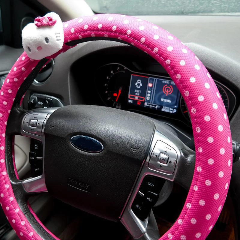 Автомобильные аксессуары мультфильм розовый hello kitty Руль крышка натуральный каучук здоровый дышащий Универсальный 38 см для женщин и девочек