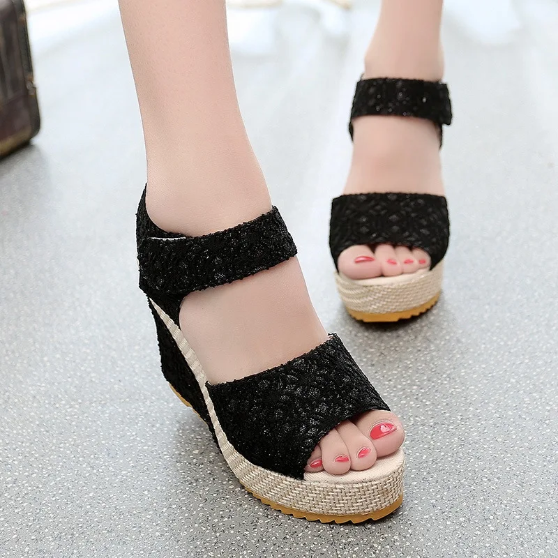 

2019 New Summer Fashion Lace Hollow Gladiator Wedges Shoes Woman Slides Peep Toe Hook & Loop Solid Lady Casual Women Sandals