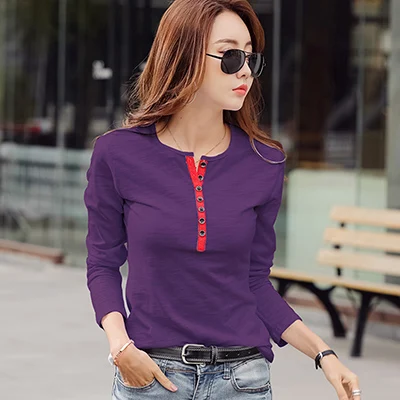 purple t shirt Shintimes, контрастная цветная футболка на пуговицах, женская футболка, модная одежда, Осенние Топы с длинным рукавом, хлопковая футболка для женщин размера плюс - Цвет: purple t shirt