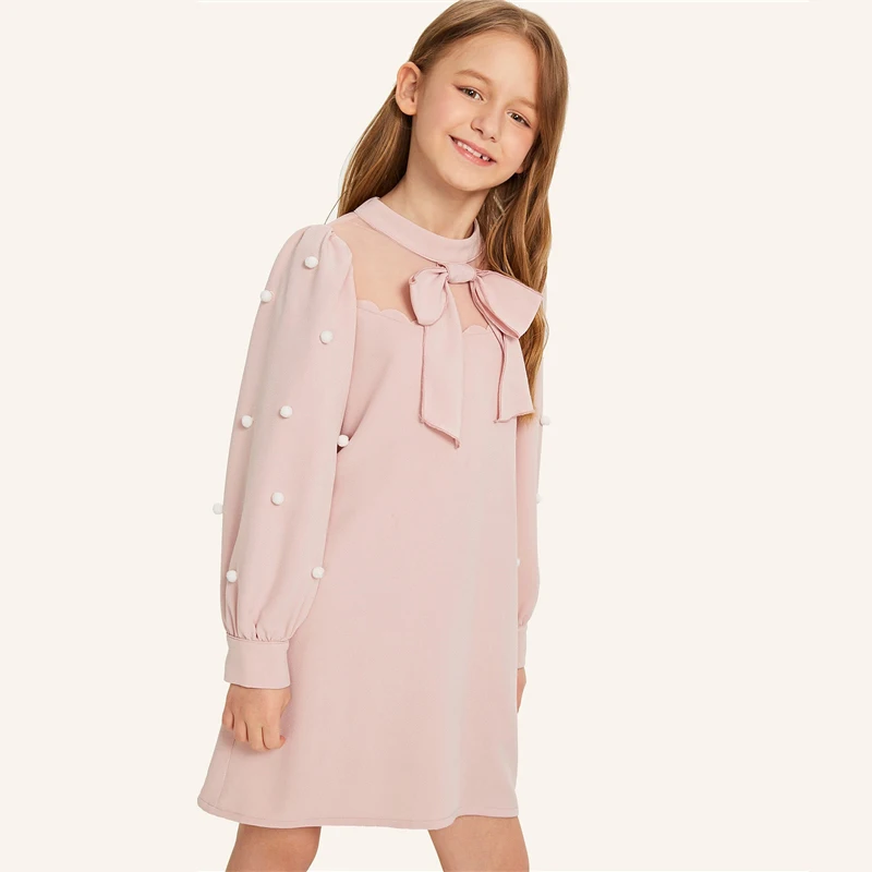 SHEIN/детское розовое Сетчатое платье с бантом спереди и жемчужинами для девочек; милое платье с помпонами; коллекция года; вечерние Детские платья-туники с воротником-стойкой и рукавами «Бишоп»
