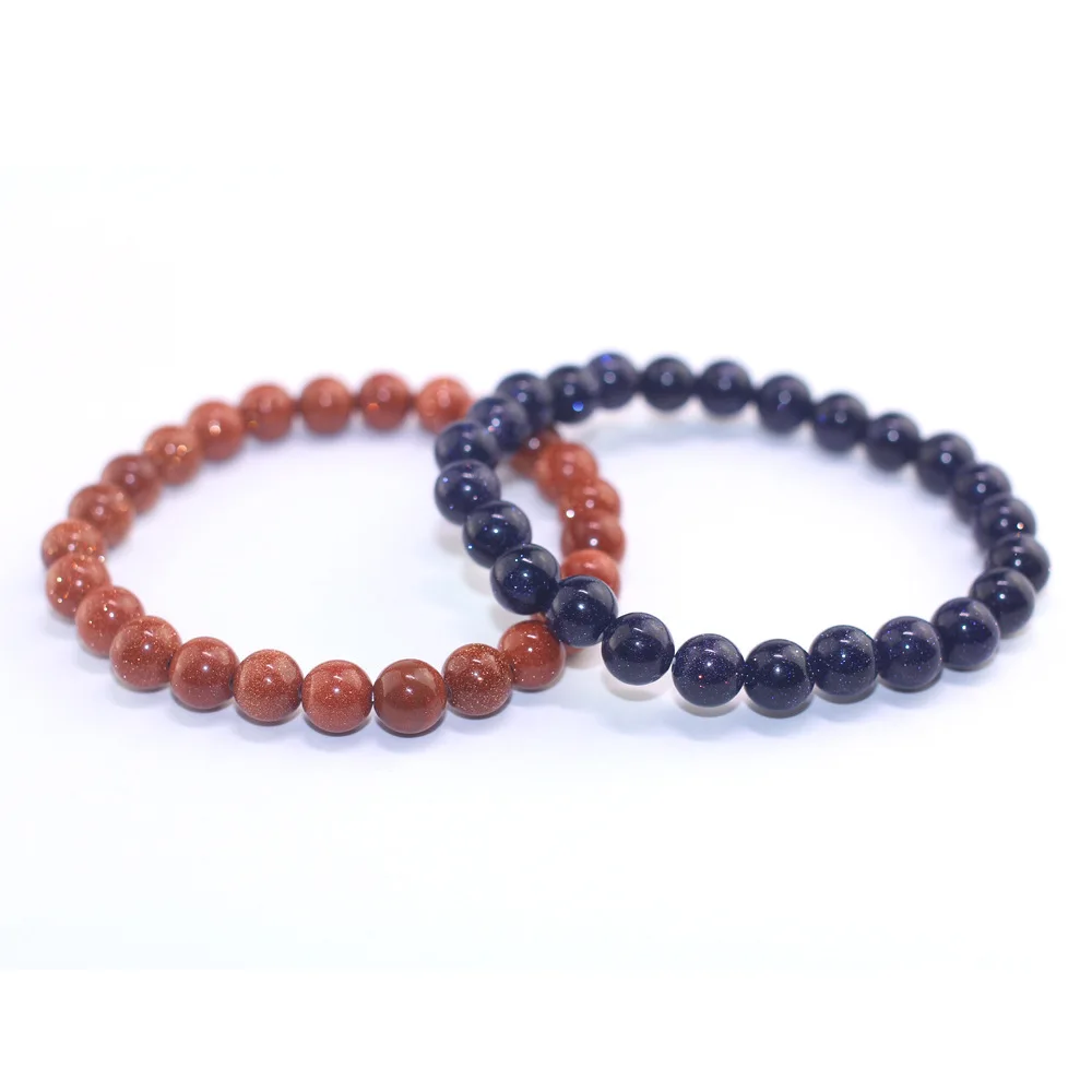 Мужской и женский браслет с бусинами простой из золотого камня голубым песком на