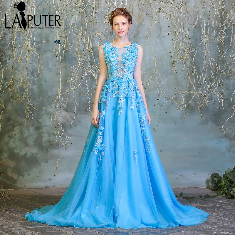 2017 вечернее платье для выпускного вечера короткое светло-голубое с 3D цветами