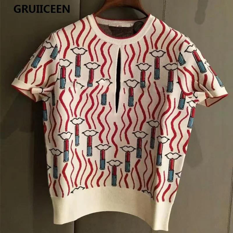 GRUIICEEN 2018 весенние женские модные футболки трикотажные жаккардовые с коротким