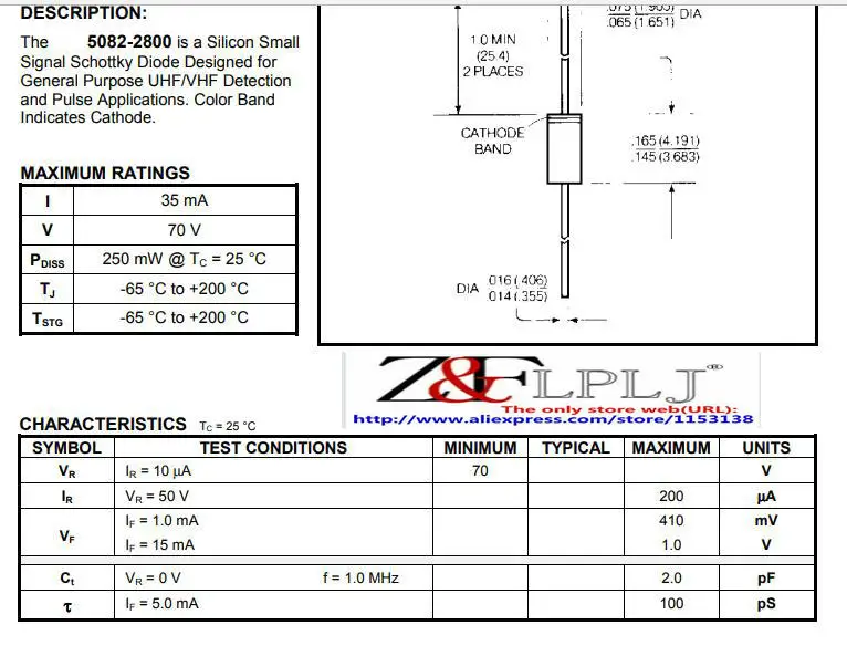 DIODE SCHOTTKY 70V 250MW AXIAL 5082-2800 HP5082-2800 New Original 2 шт./лот | Электронные компоненты и