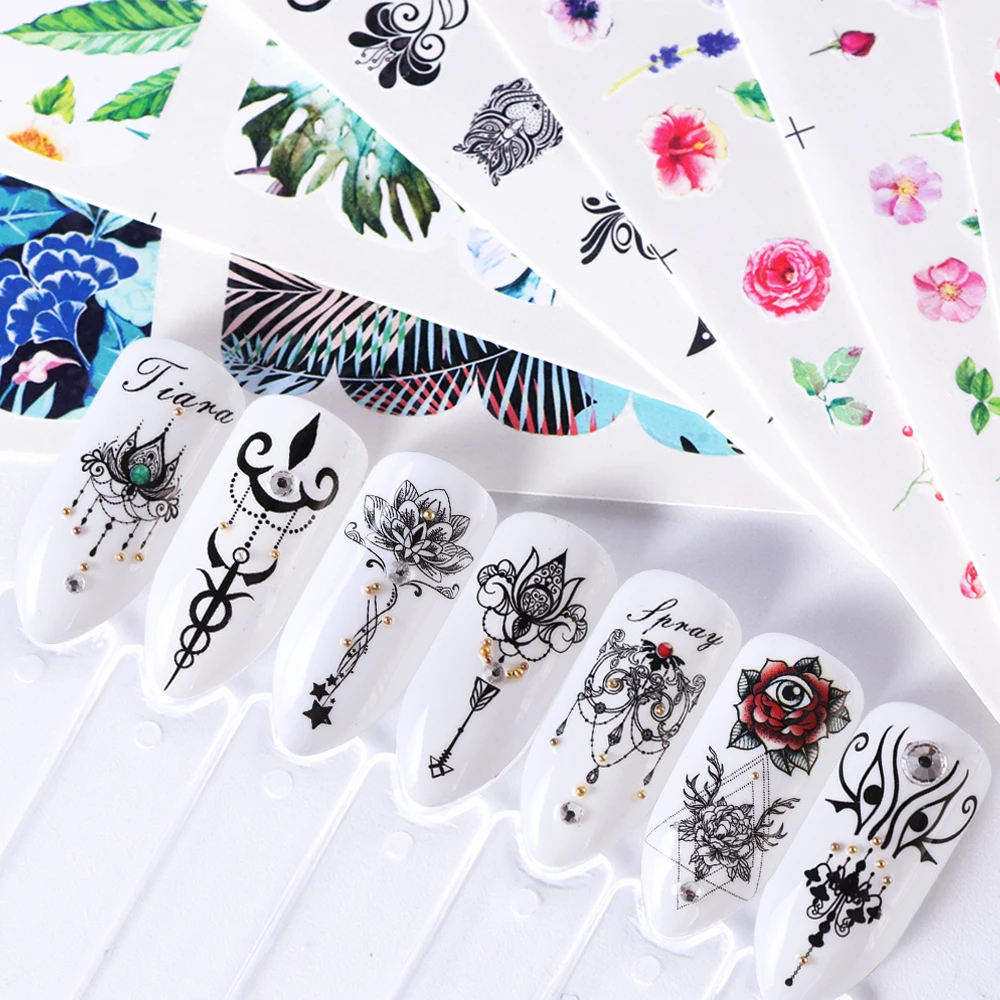 12 Designs Flamingo Water Nail Art Sticker Black Flower Necklace Decal Leaf Beauty Decoration For Manicure Set SABN913-972 | Красота и