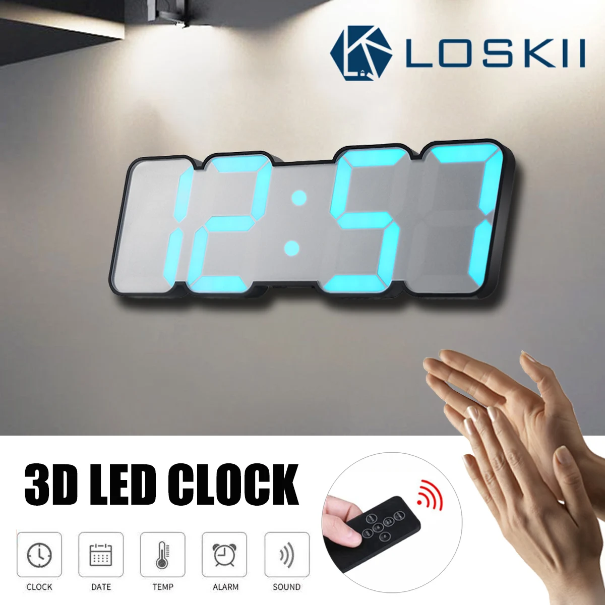 Loskii 3D светодиодный настенные часы настольные часы-будильник/Голосовое управление и пульт дистанционного управления Управление/RGB 15 цветов/Ночной светильник/Календарь/12/24 часа в сутки, комплект