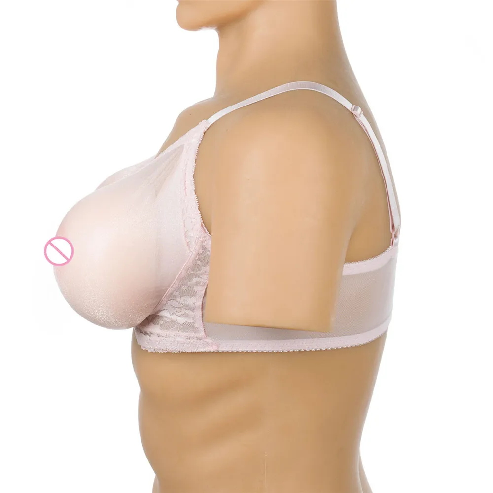 

(1800g/pair Round Beige Silicone Boobs+Sexy Pink Transparent Lace Pocket Bra) Crossdresser Silicone Breast Form With Bra Set