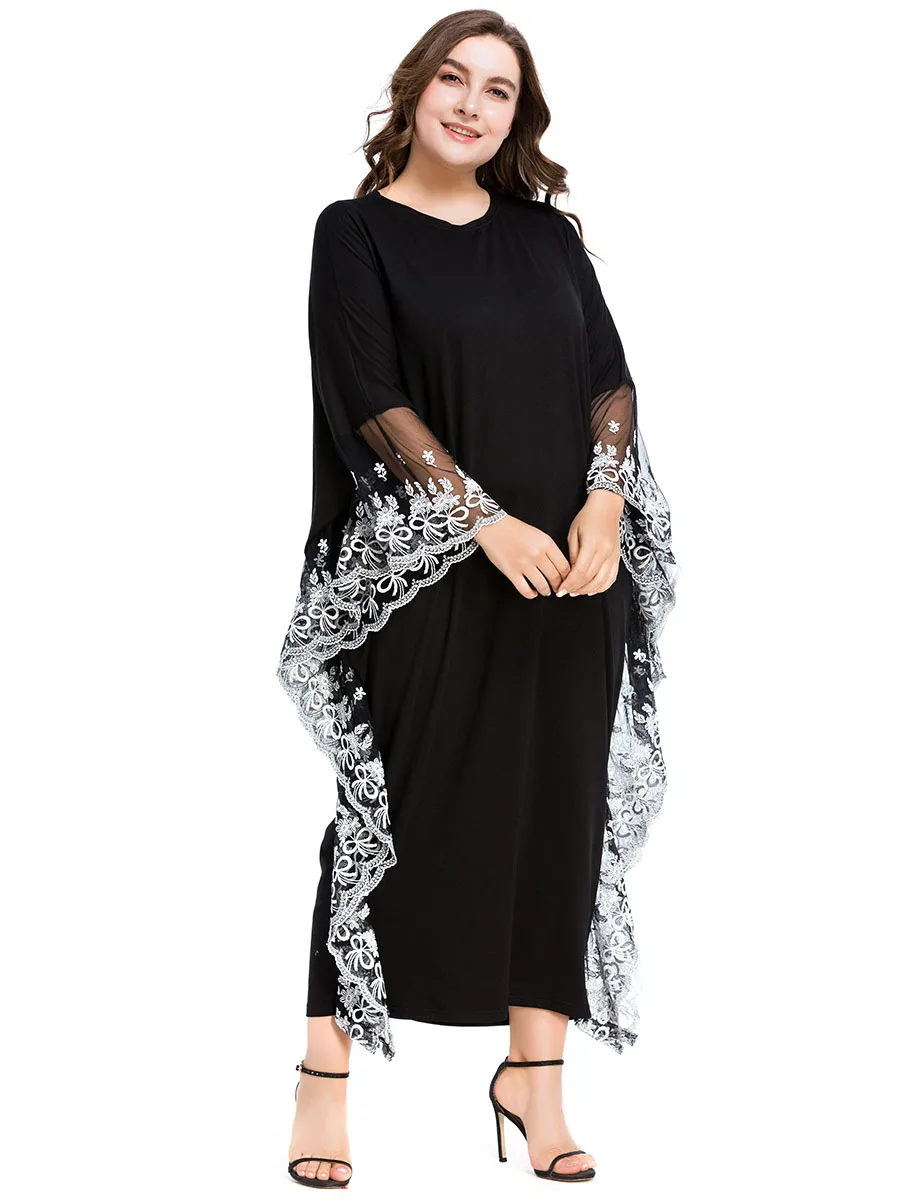 Черная женская мусульманская одежда Abayas вышивка рукав летучая мышь длинное