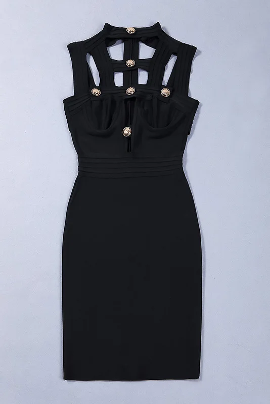 Женское платье с вырезами черное Бандажное Дизайнерские пуговицы элегантное