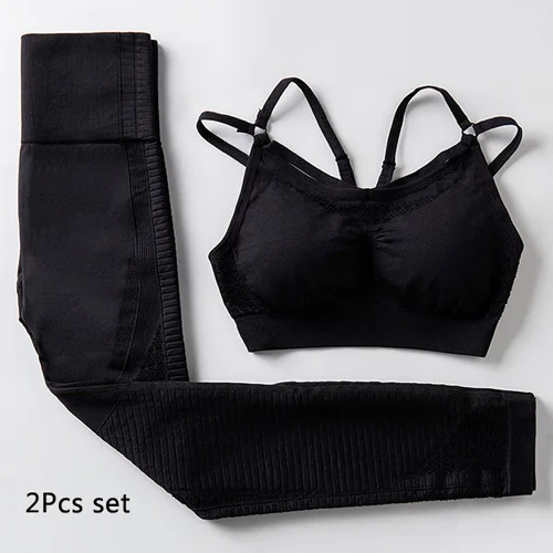 Black 2Pcs set 2 шт., энергетический бесшовный комплект для йоги, спортивный бюстгальтер на бретельках+ леггинсы, женская спортивная одежда, спортивный костюм для тренировок, комплект для спортзала, одежда для фитнеса - Цвет: Black 2Pcs set